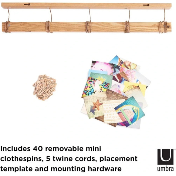 Hanging photo collage with two wood wall mounts, and rope with clothespins - Picture 3 of 12